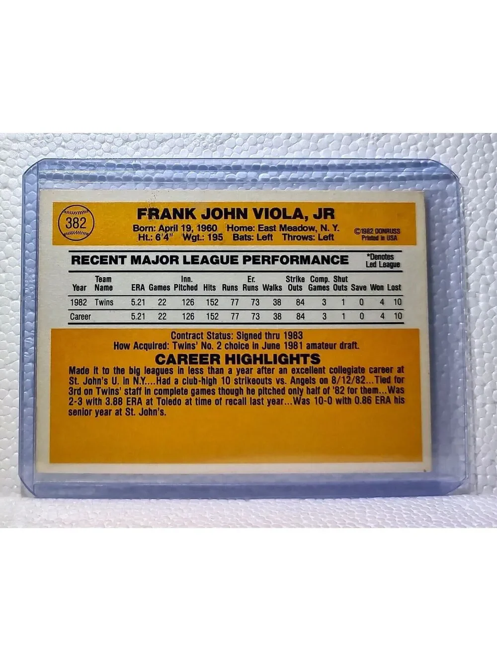 Frank Viola 1983 Donruss MLB #382 Baseball Card Minnesota Twins